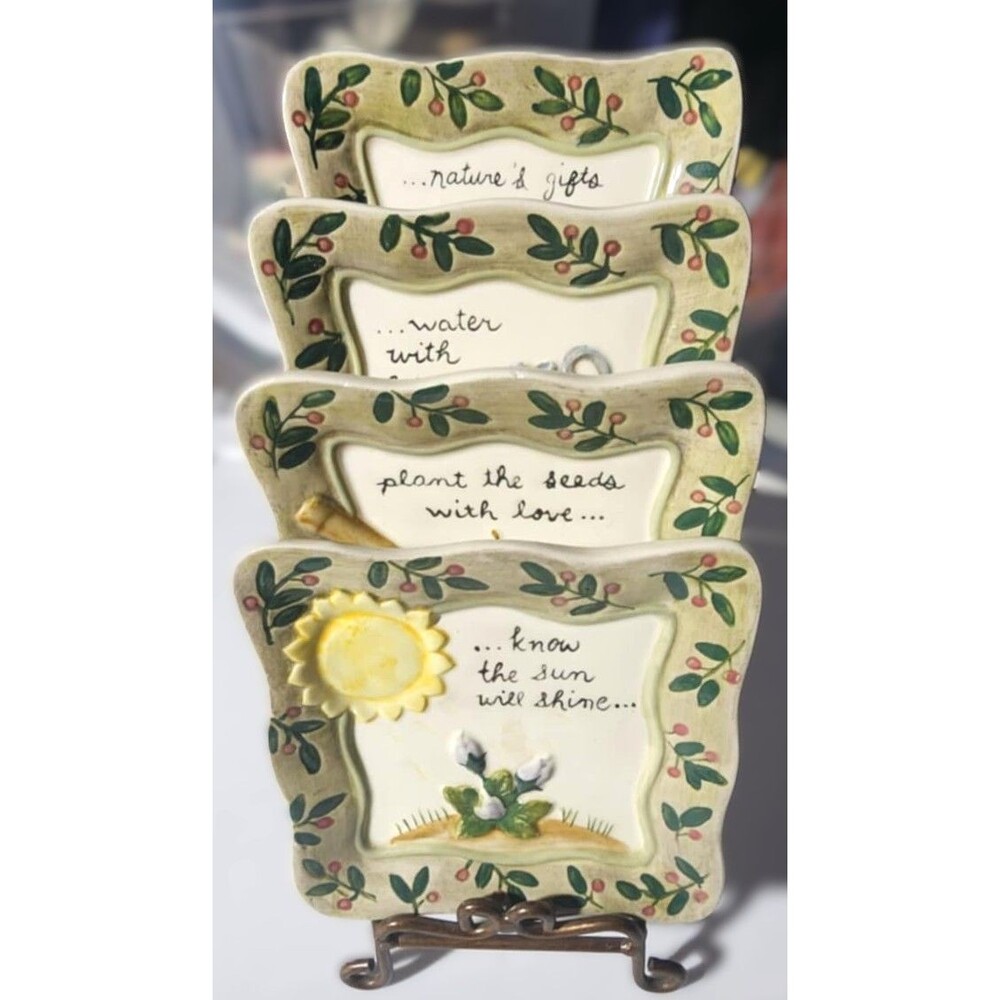 Vtg MMW 4 Ceramic Garden Plates w/Stand Flowers Seeds Sun Watering Can Cherries